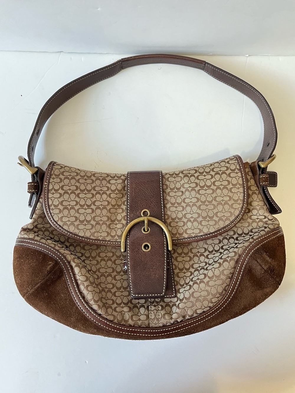 COACH Beige Brown Canvas Suede Shoulder Bag Signature Micro 6808